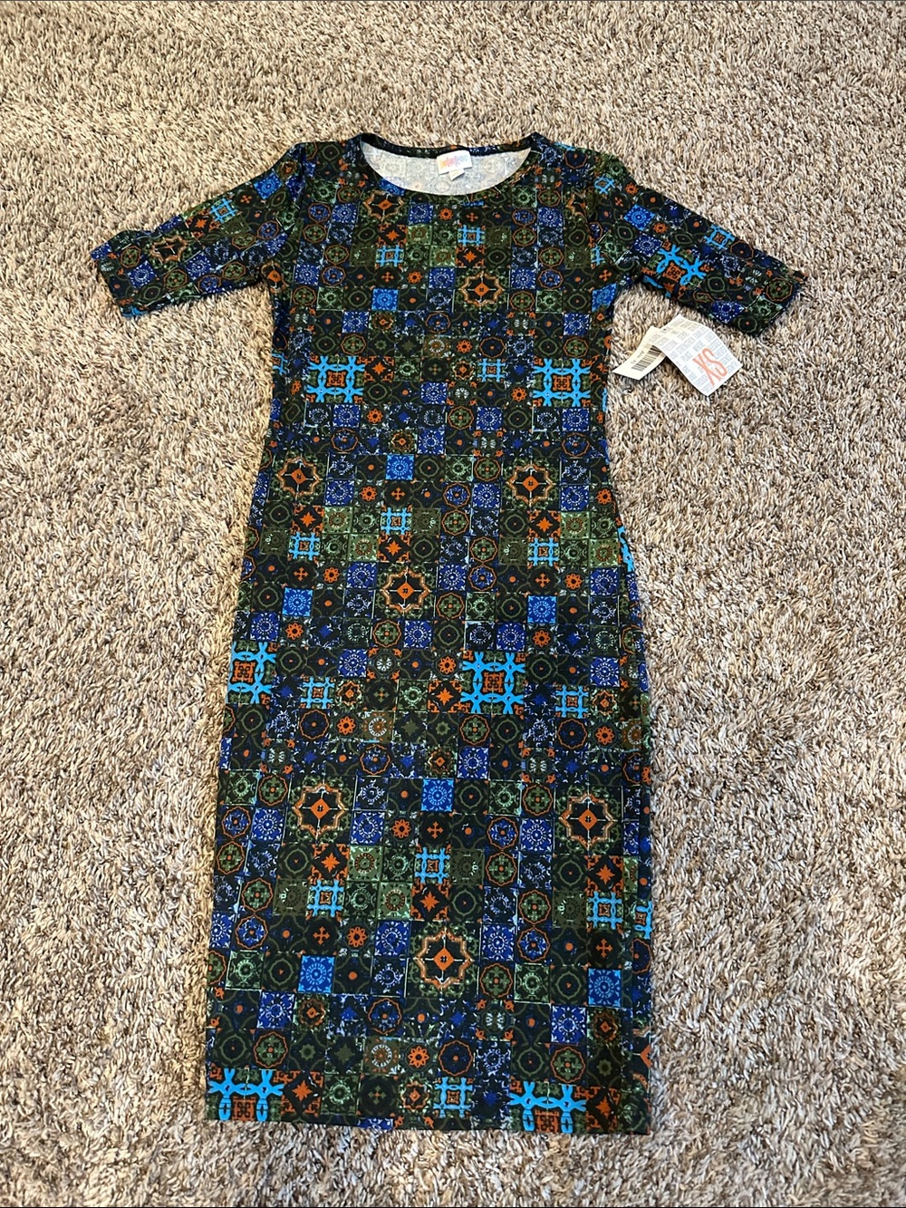 LuLaRoe Geometric Maxi Dress in Blue, Green & Orange